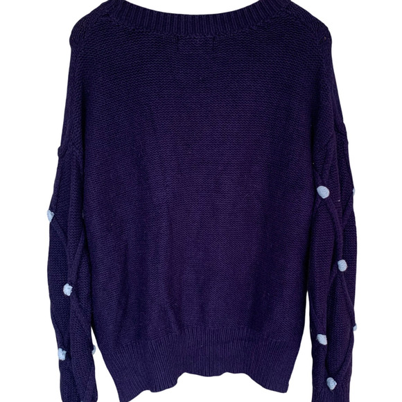 Women's Small Cable Knit Blue Pom Contrast Pullover Oversized Joyful Times - Picture 2 of 7